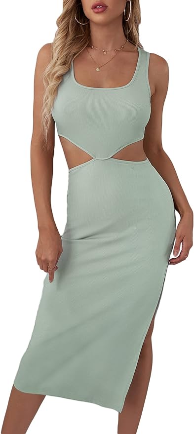 Verdusa Womens Cut Out Waist Split Side Square Neck Midi Bodycon Tank Dress