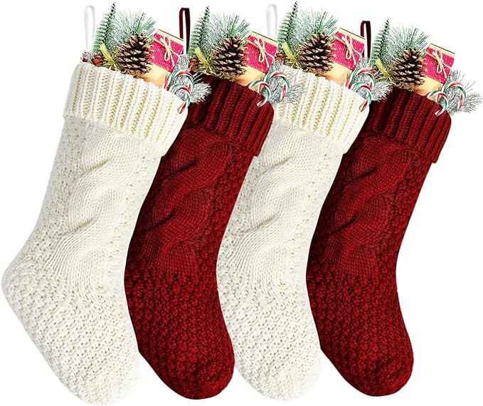 Pack 4, Unique Burgundy and Ivory White Knit Christmas Stockings 14